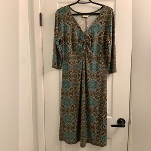 Chic V-Neck Long Sleeve Dress in Teal and Brown